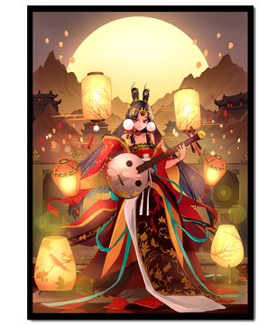 Elegant musician with traditional attire under lanterns and mountains