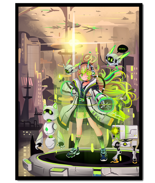 Chica de anime futurista con aura verde y compañeros robóticos en un paisaje urbano de ciencia ficción