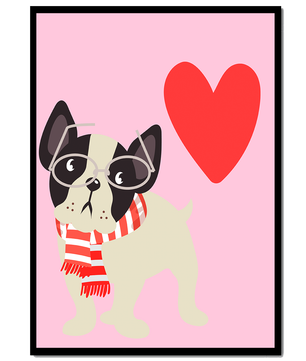Ilustración juguetona de un bulldog francés con gafas y bufanda sobre fondo rosa con corazón