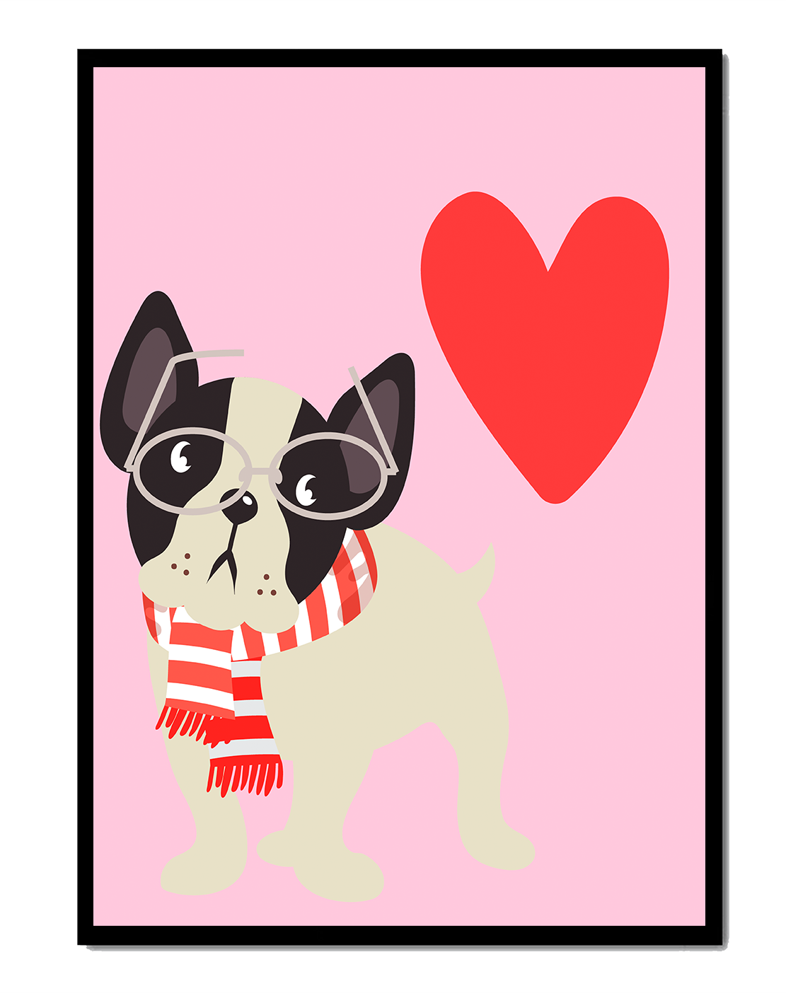 Playful illustration of a french bulldog with glasses and scarf on pink background with heart