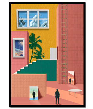 Surreale Architekturlandschaft mit tropischen Elementen und abstrakten Figuren