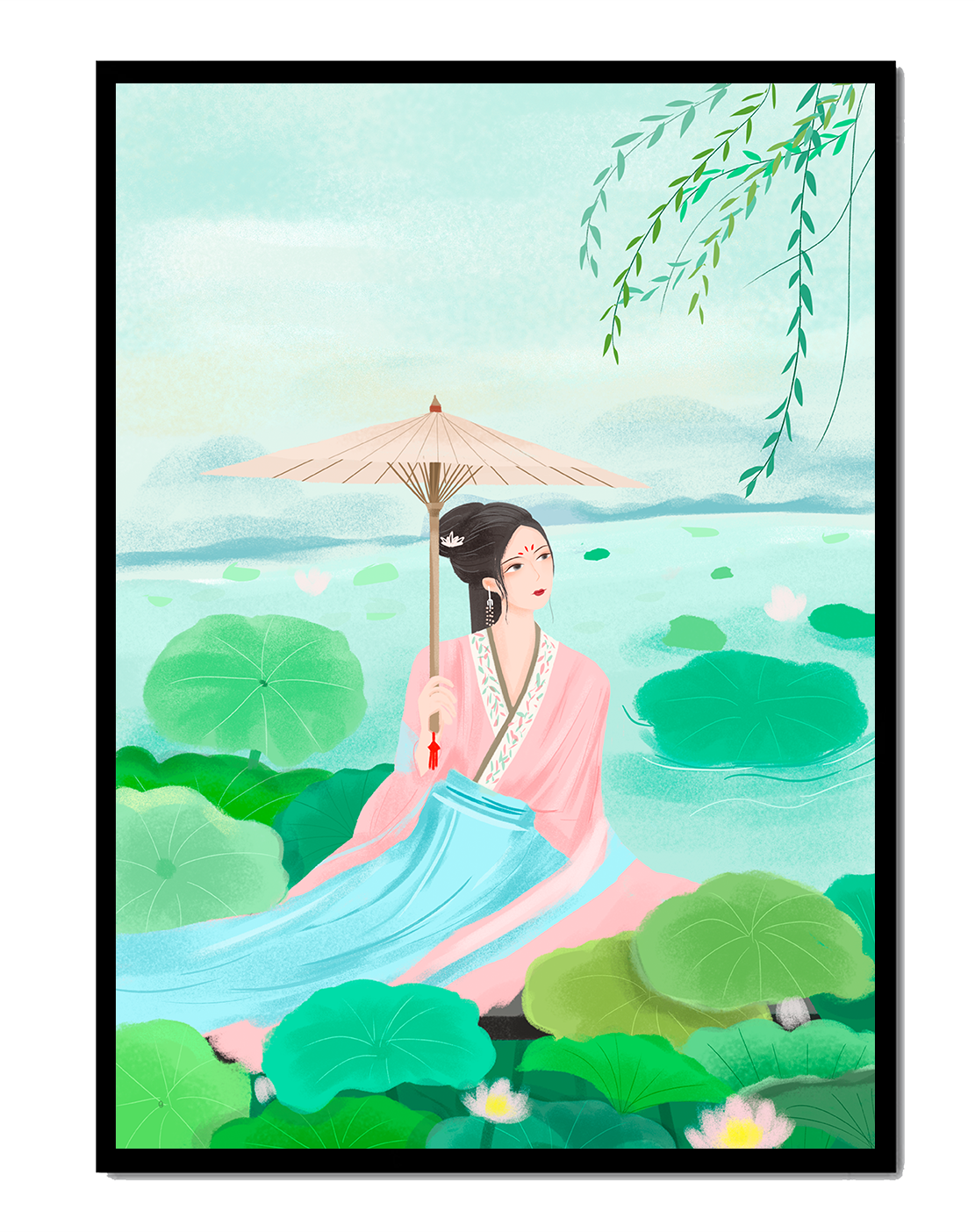 Elegant woman in traditional attire with umbrella surrounded by lotus leaves