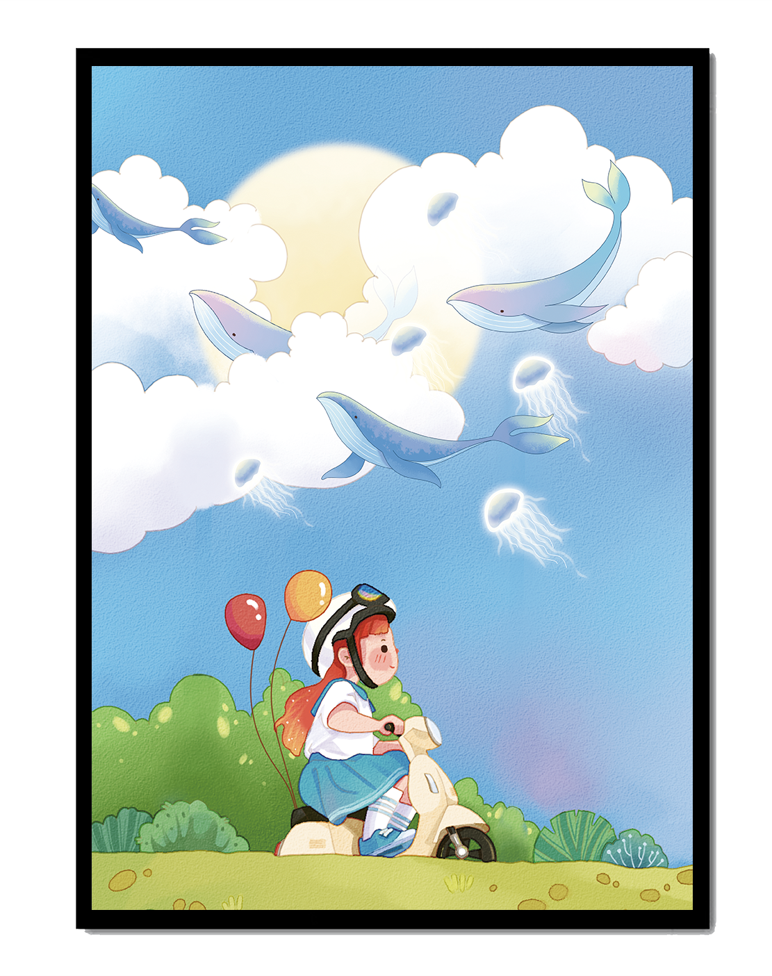 Whimsical illustration of a child riding a scooter with floating whales and balloons