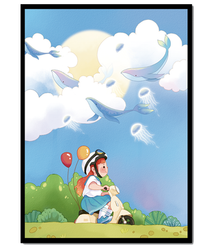 Whimsical illustration of a child riding a scooter with floating whales and balloons