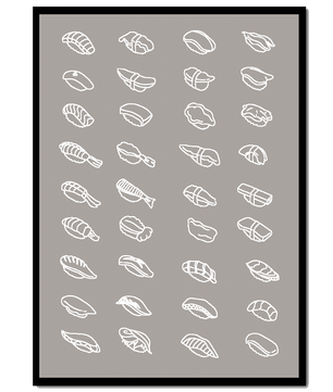 Minimalist sushi sketch illustration with various sushi types