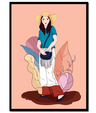 Ilustración de moda de una mujer con sombrero sobre fondo pastel