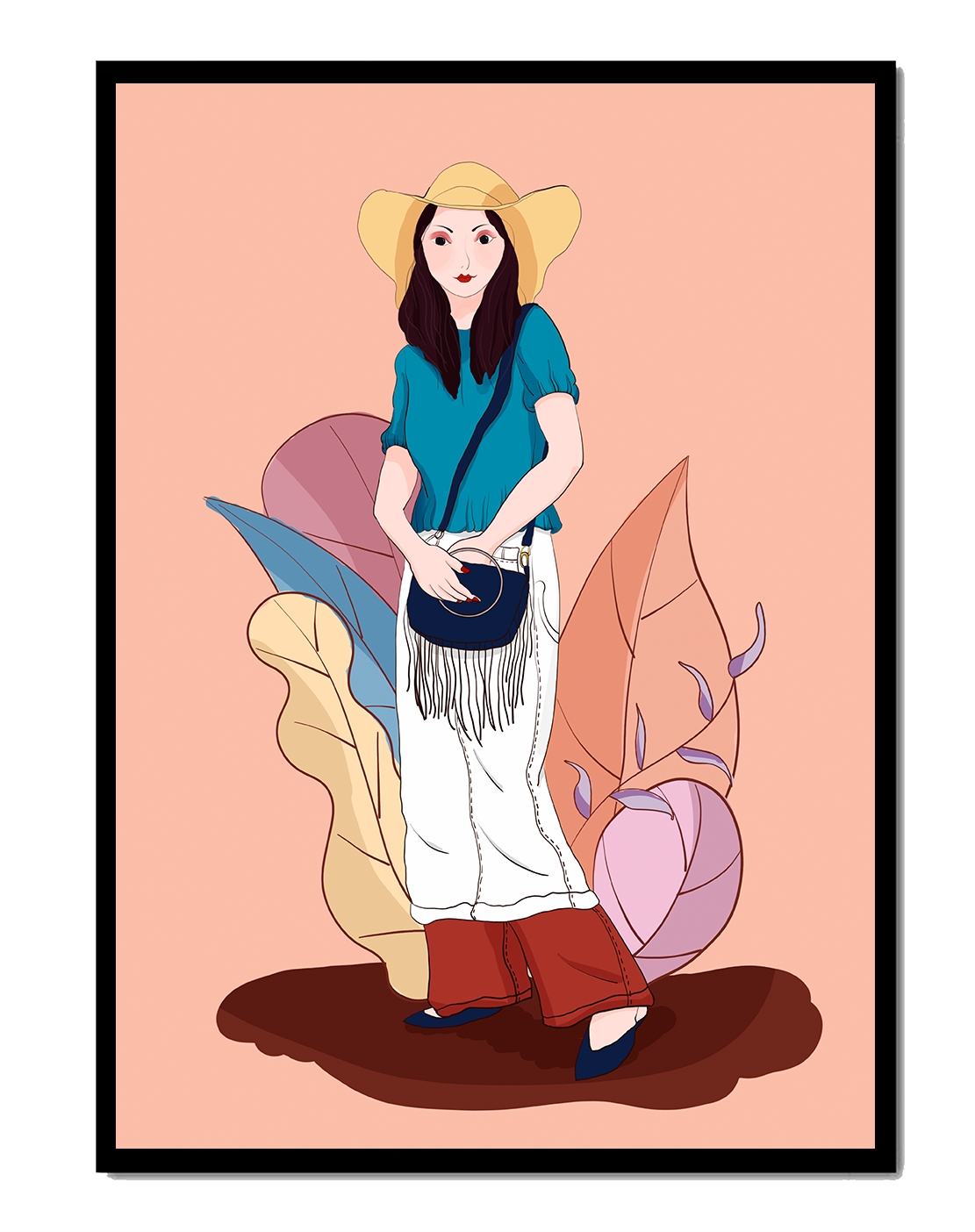 Ilustración de moda de una mujer con sombrero sobre fondo pastel