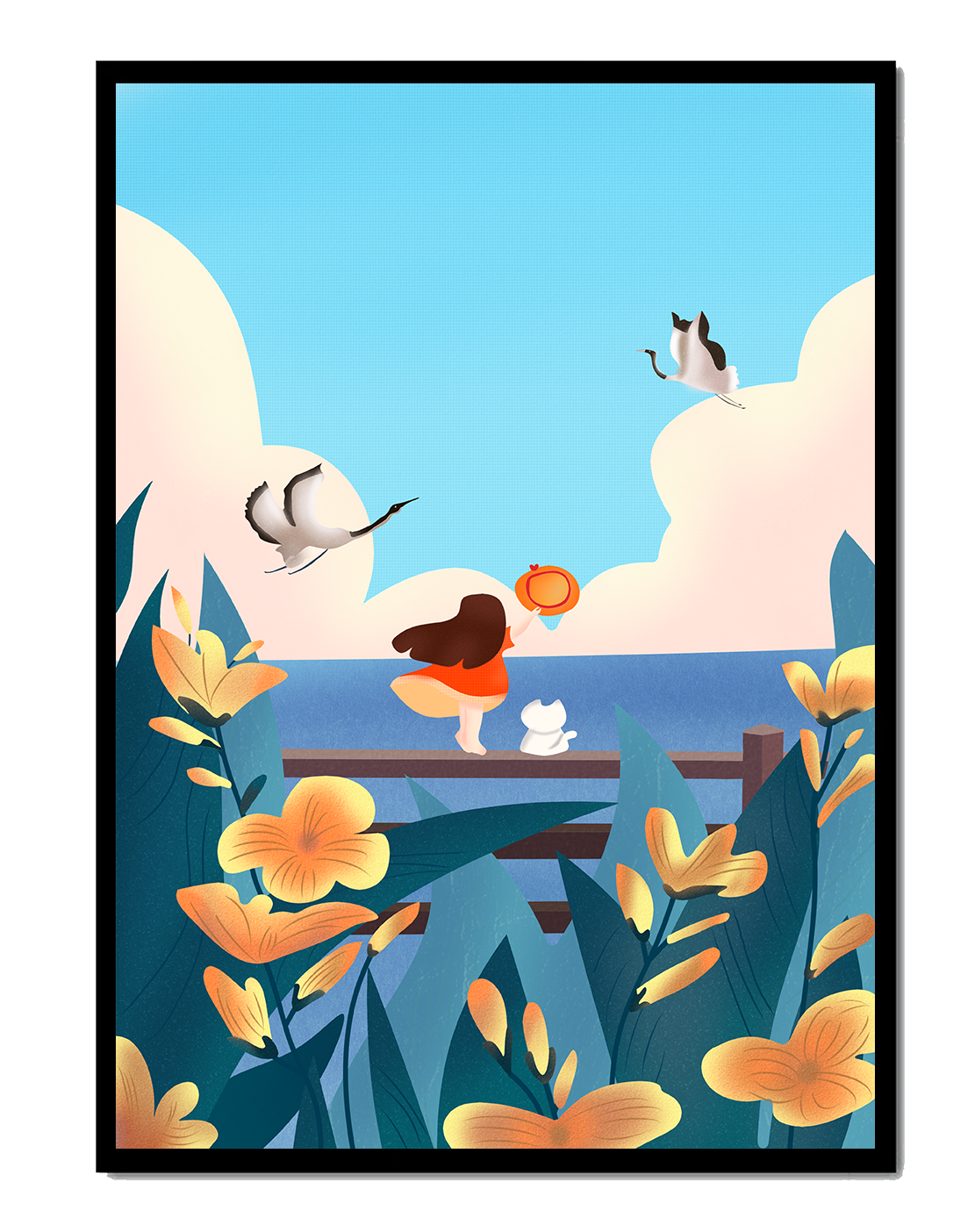 Serene seaside scene with girl, cat, and birds in nature