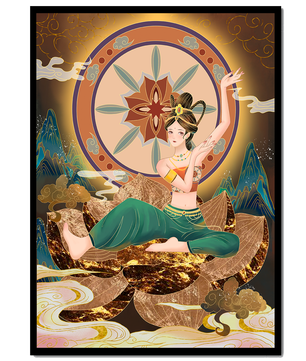 Elegant illustration of a serene woman in traditional clothing with a golden backdrop