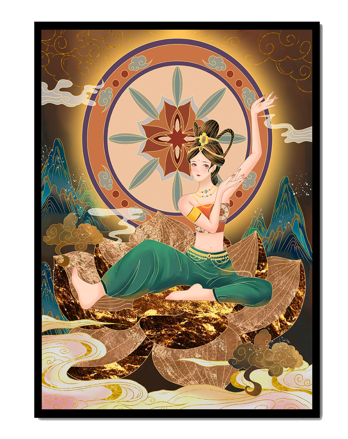 Elegant illustration of a serene woman in traditional clothing with a golden backdrop
