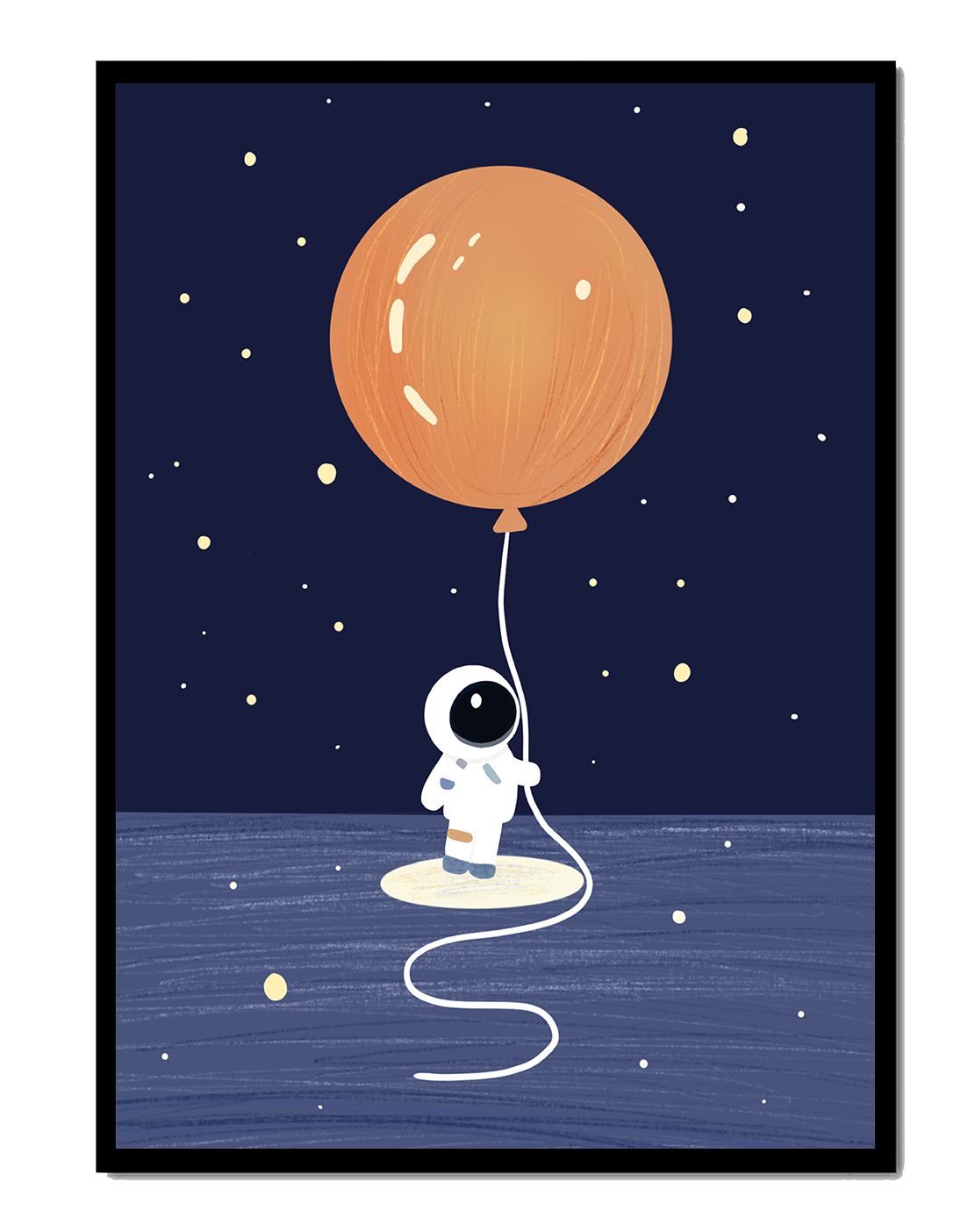 Charming Astronaut Holding Large Orange Balloon Under Starry Sky