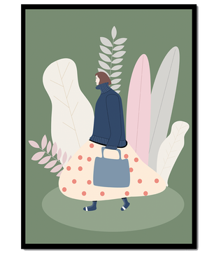 Illustrated woman in polka dot skirt with leafy background design
