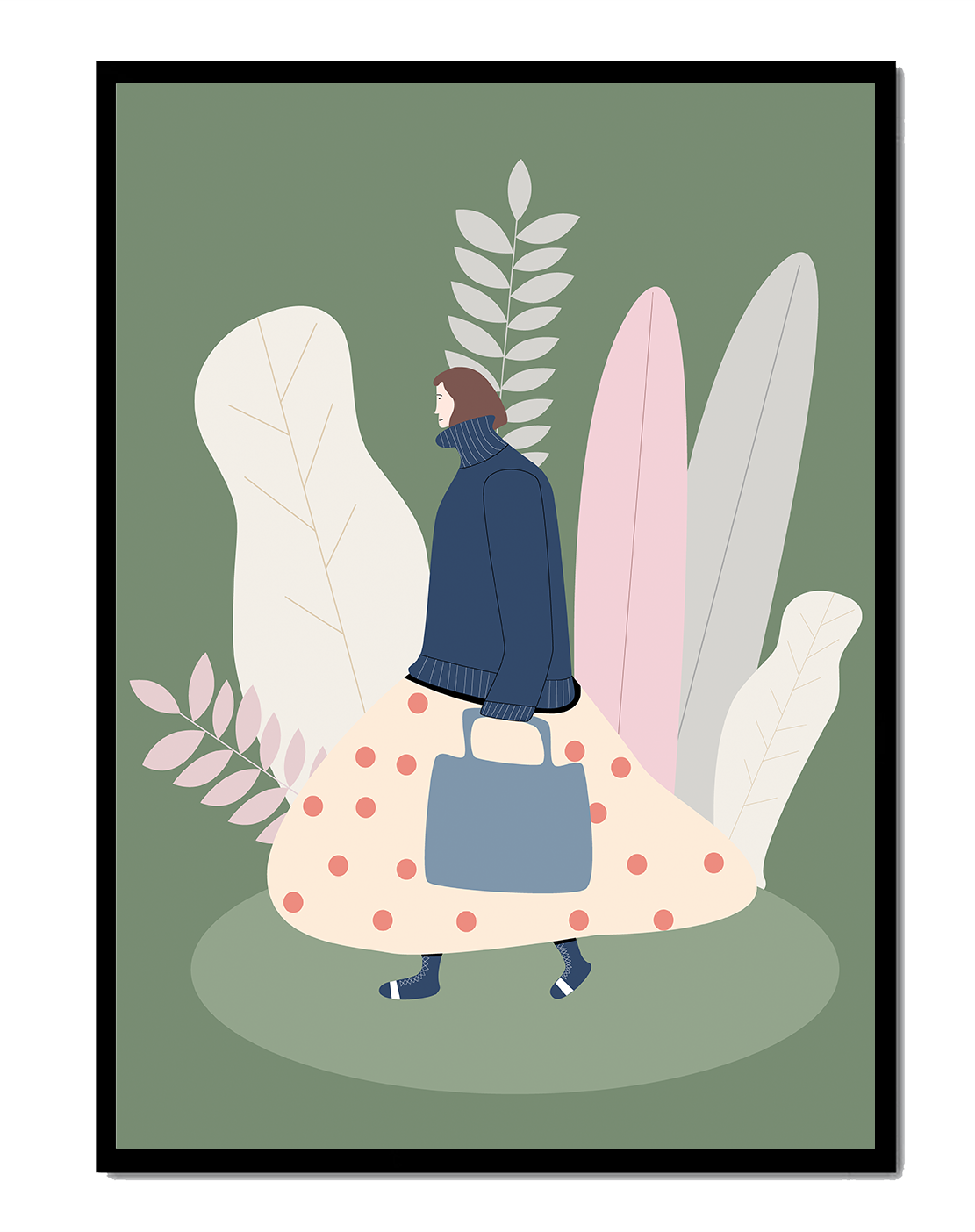 Illustrated woman in polka dot skirt with leafy background design