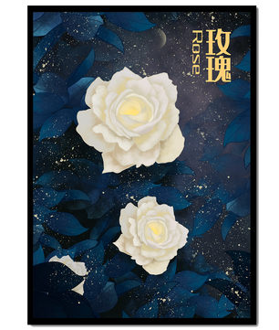 Elegant white roses on a celestial night background with deep blue leaves