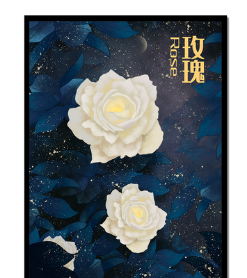 Elegant white roses on a celestial night background with deep blue leaves