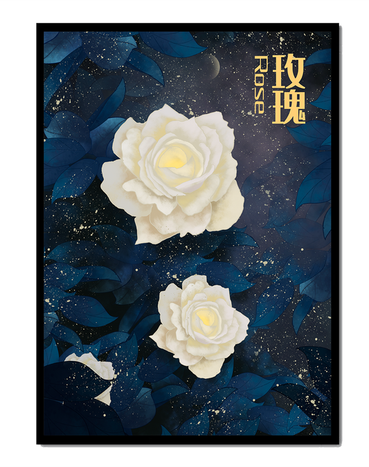 Elegant white roses on a celestial night background with deep blue leaves