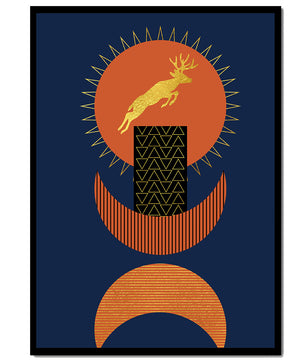 Golden deer on geometric abstract background – modern wall art in deep blue and burnt orange tones - Mi tienda