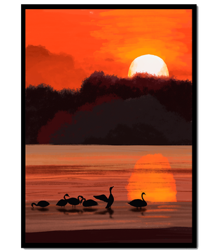 Ruhiger Sonnenuntergang über einem See mit Schwanensilhouette