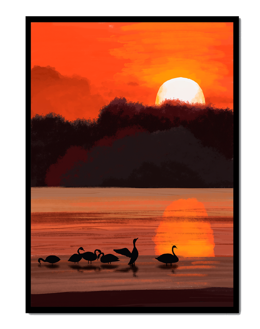 Serene sunset over a lake with silhouetted swans