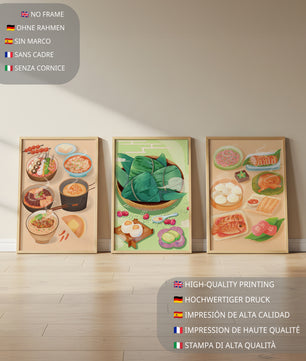 Pósters Ilustrados de Comida Temática Oriental Sobre Piso de Madera