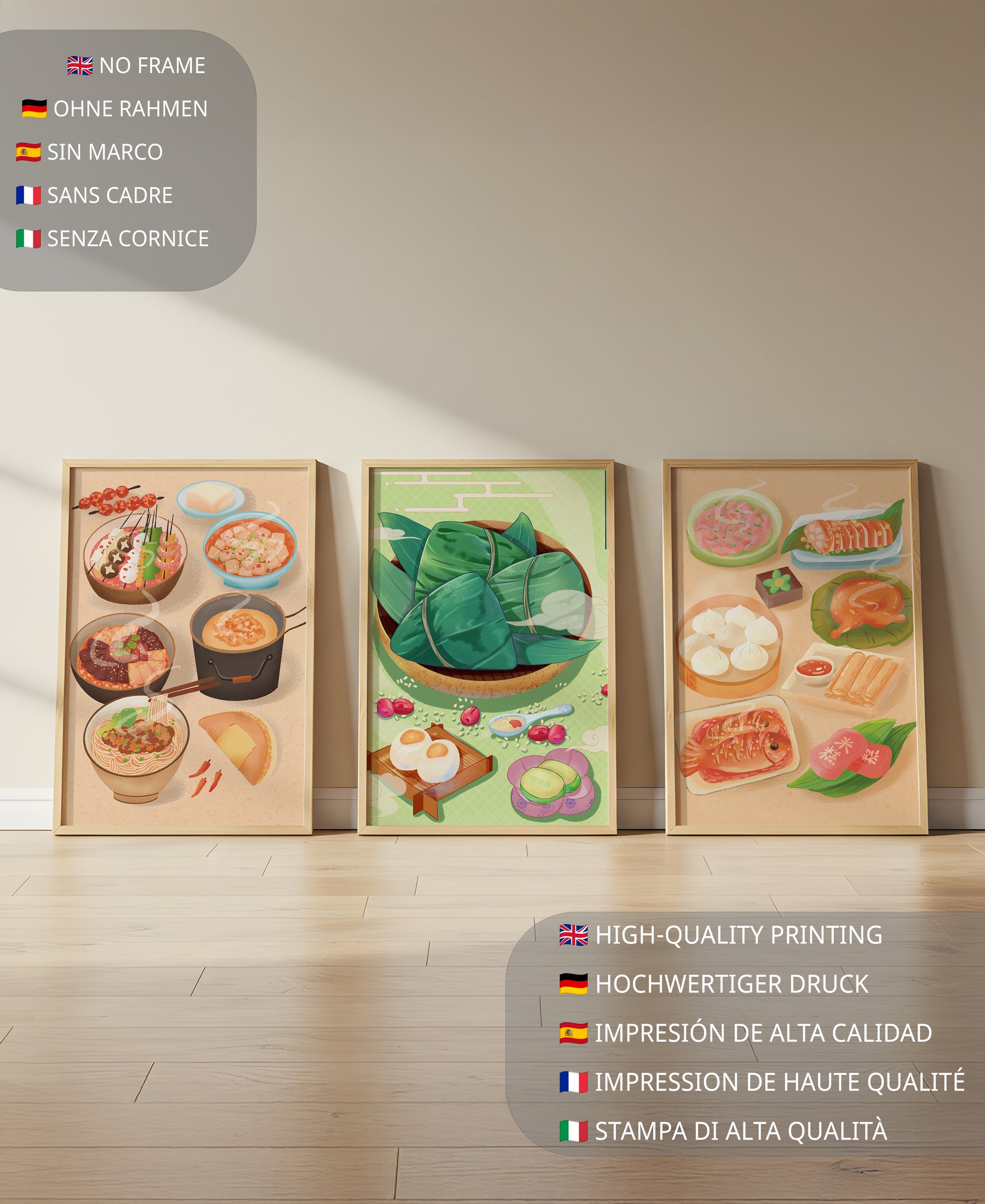 Pósters Ilustrados de Comida Temática Oriental Sobre Piso de Madera