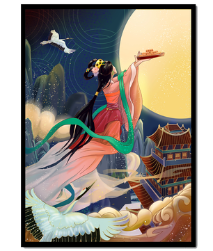 Oriental Fantasy Scene with Woman Offering Gift to the Moon