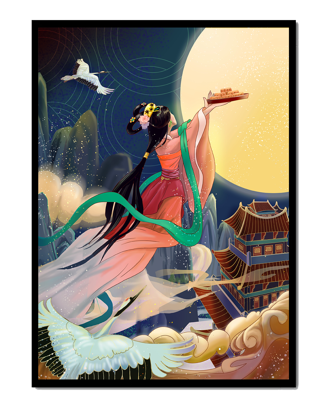 Oriental Fantasy Scene with Woman Offering Gift to the Moon
