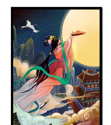 Oriental Fantasy Scene with Woman Offering Gift to the Moon