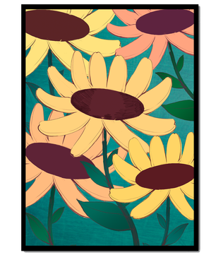 Ilustración floral con margaritas amarillas y naranjas sobre fondo turquesa