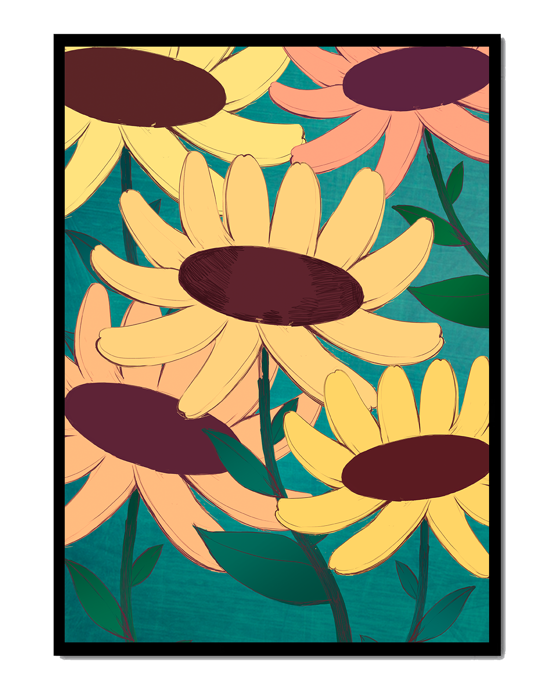 Ilustración floral con margaritas amarillas y naranjas sobre fondo turquesa