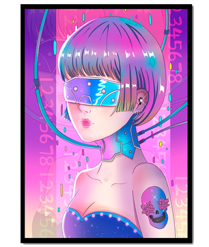 Chica cyberpunk futurista con colores neón y elementos de realidad virtual