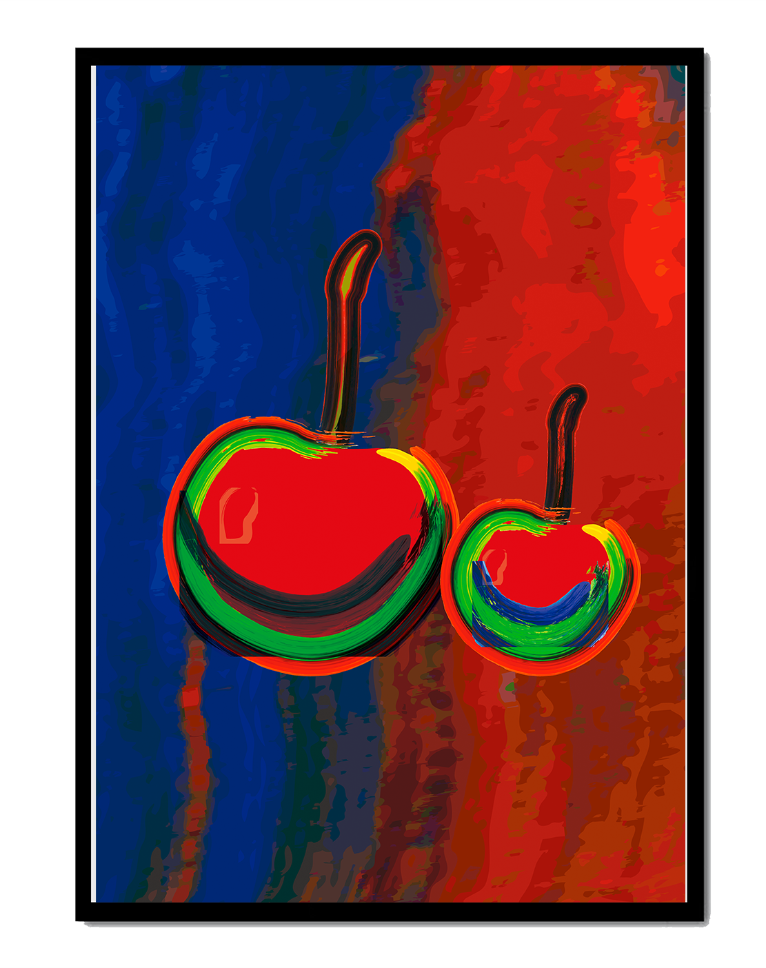 Pintura abstracta de cerezas con colores vibrantes.