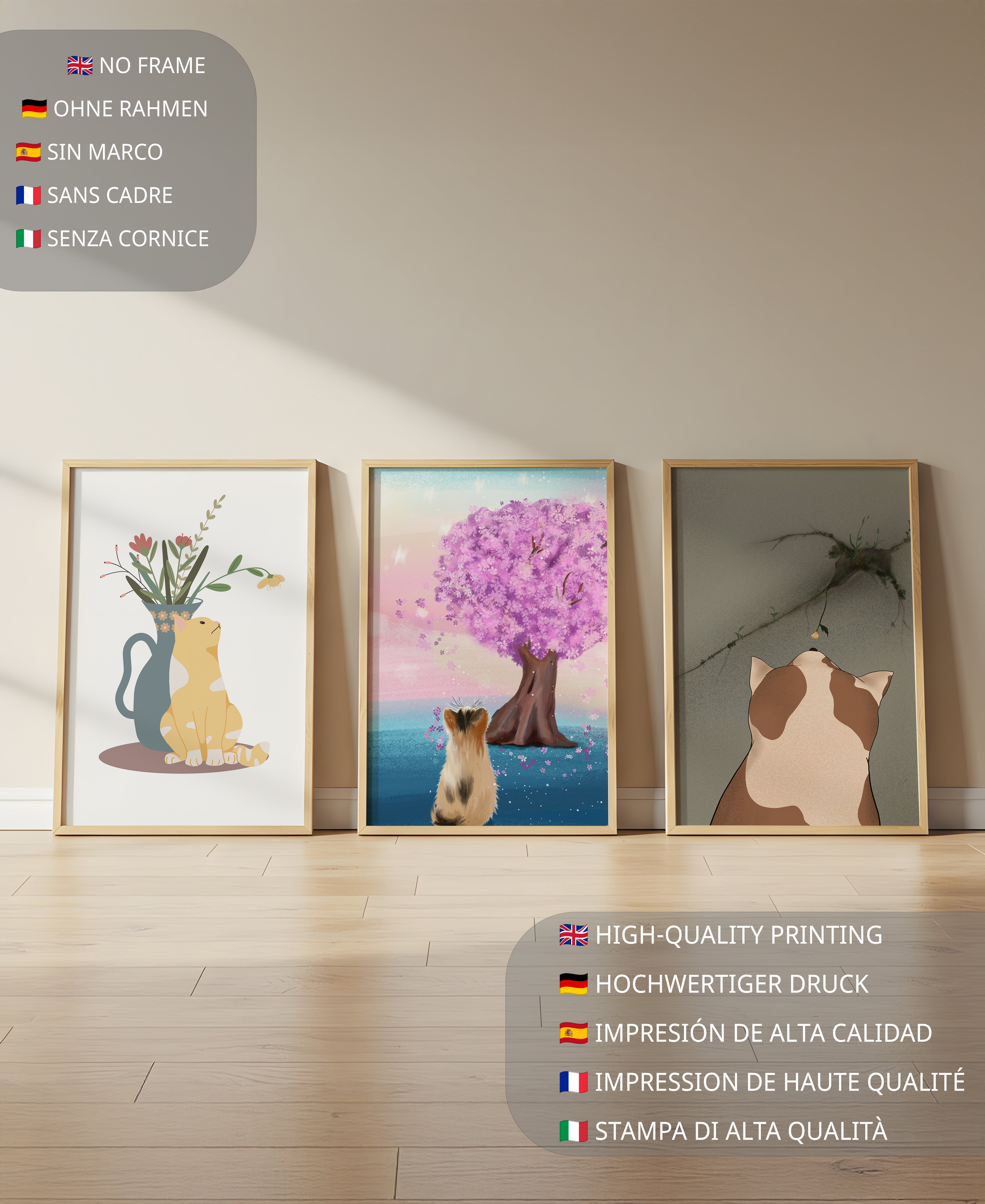 Conjunto De Impresiones De Gatos Y Naturaleza