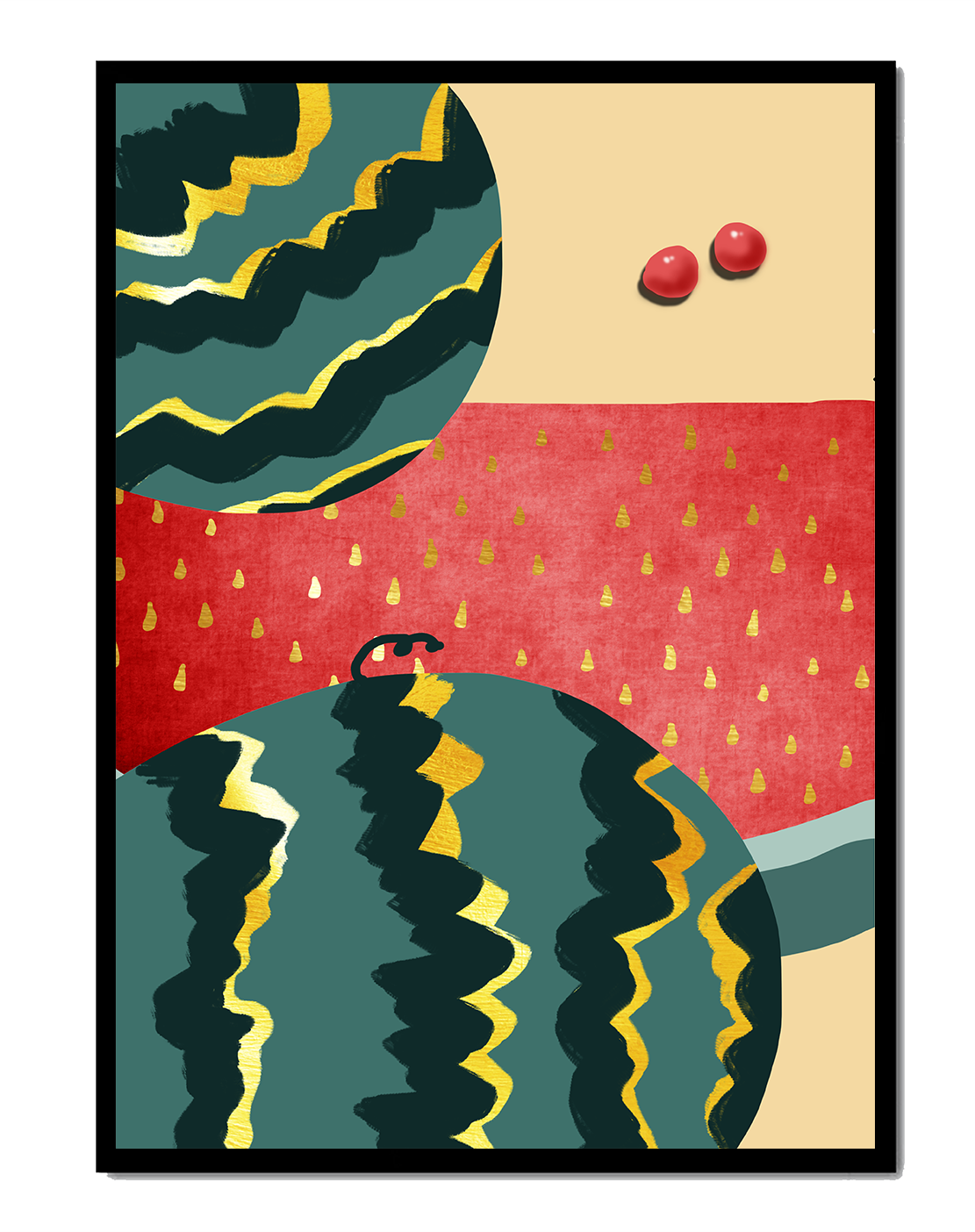 Vibrant Abstract Watermelon Art with Gold Highlights