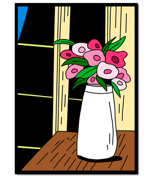 Abstract illustration of flowers in a vase on a wooden table