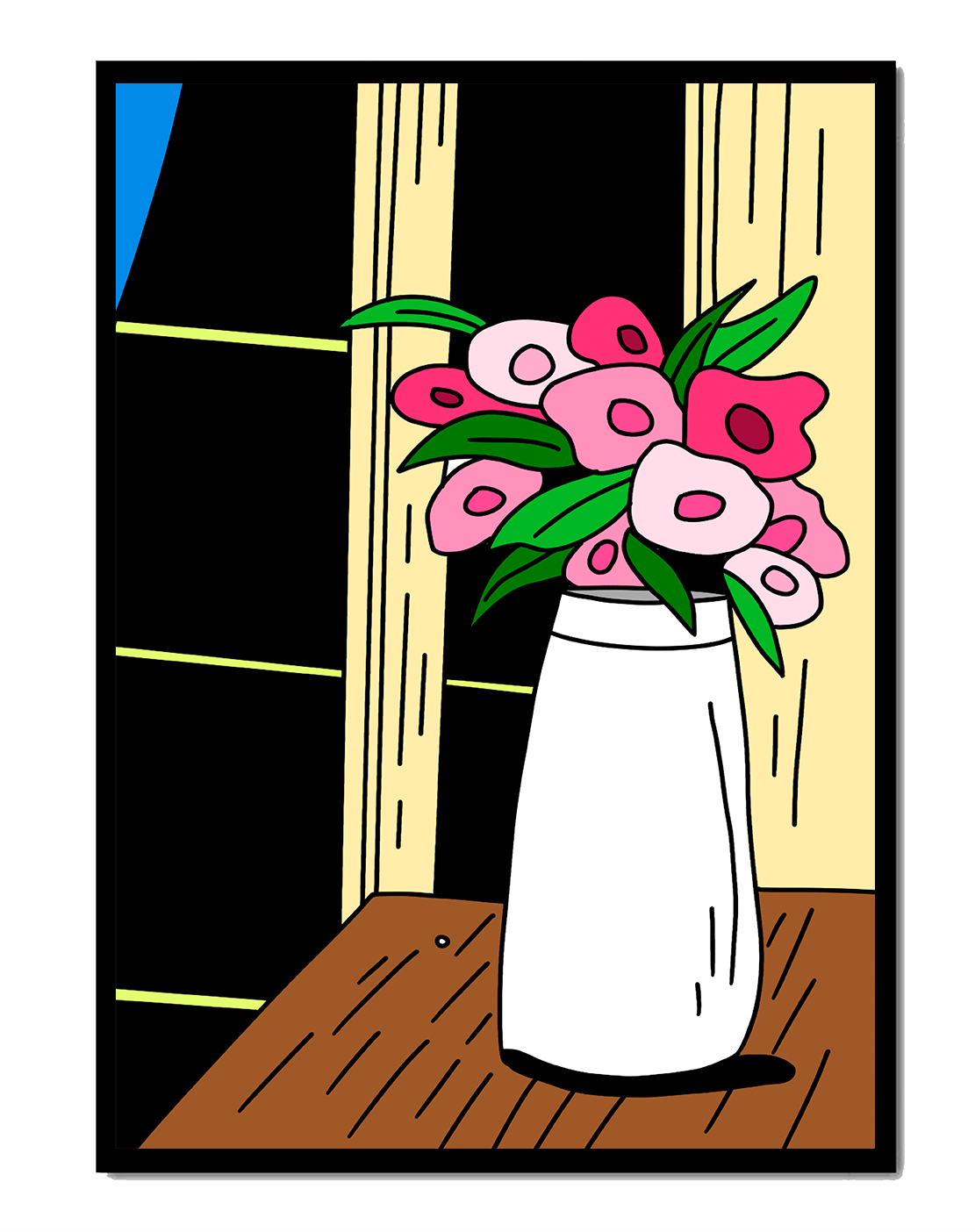 Abstract illustration of flowers in a vase on a wooden table