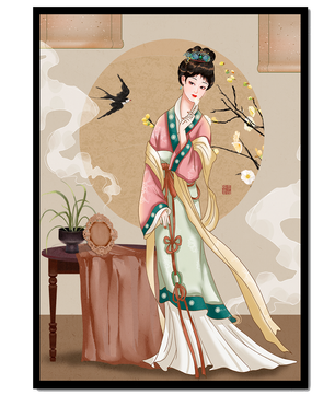 Elegante traditionelle asiatische Dame in klassischer Kleidung mit Naturelementen