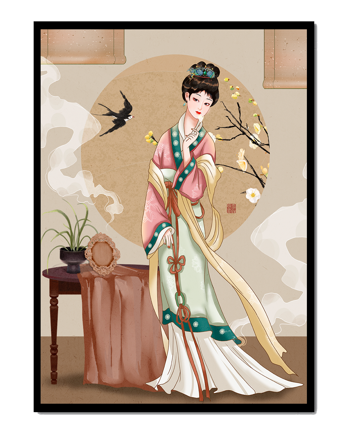 Elegant traditional Asian lady in classic attire with nature elements