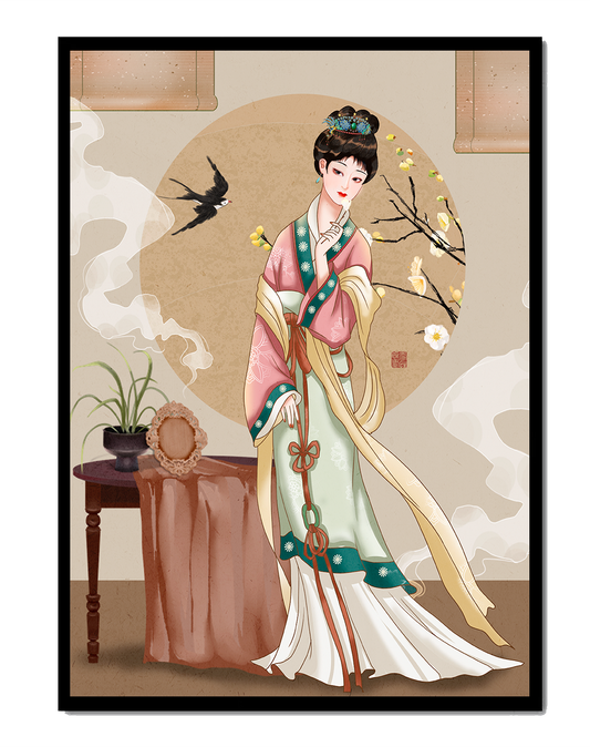 Elegant traditional Asian lady in classic attire with nature elements