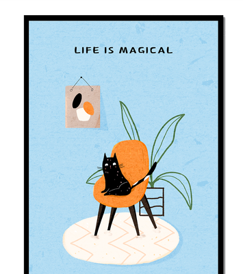 Charming Cat Relaxing on a Chair with Inspirational Quote and Art