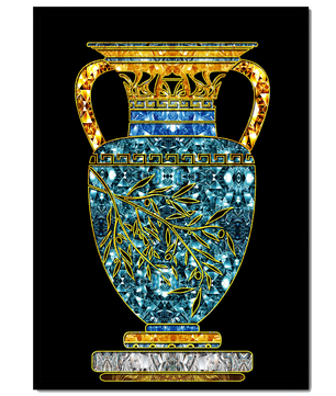Jarrón de mosaico detallado con piedras preciosas doradas y azules sobre fondo negro