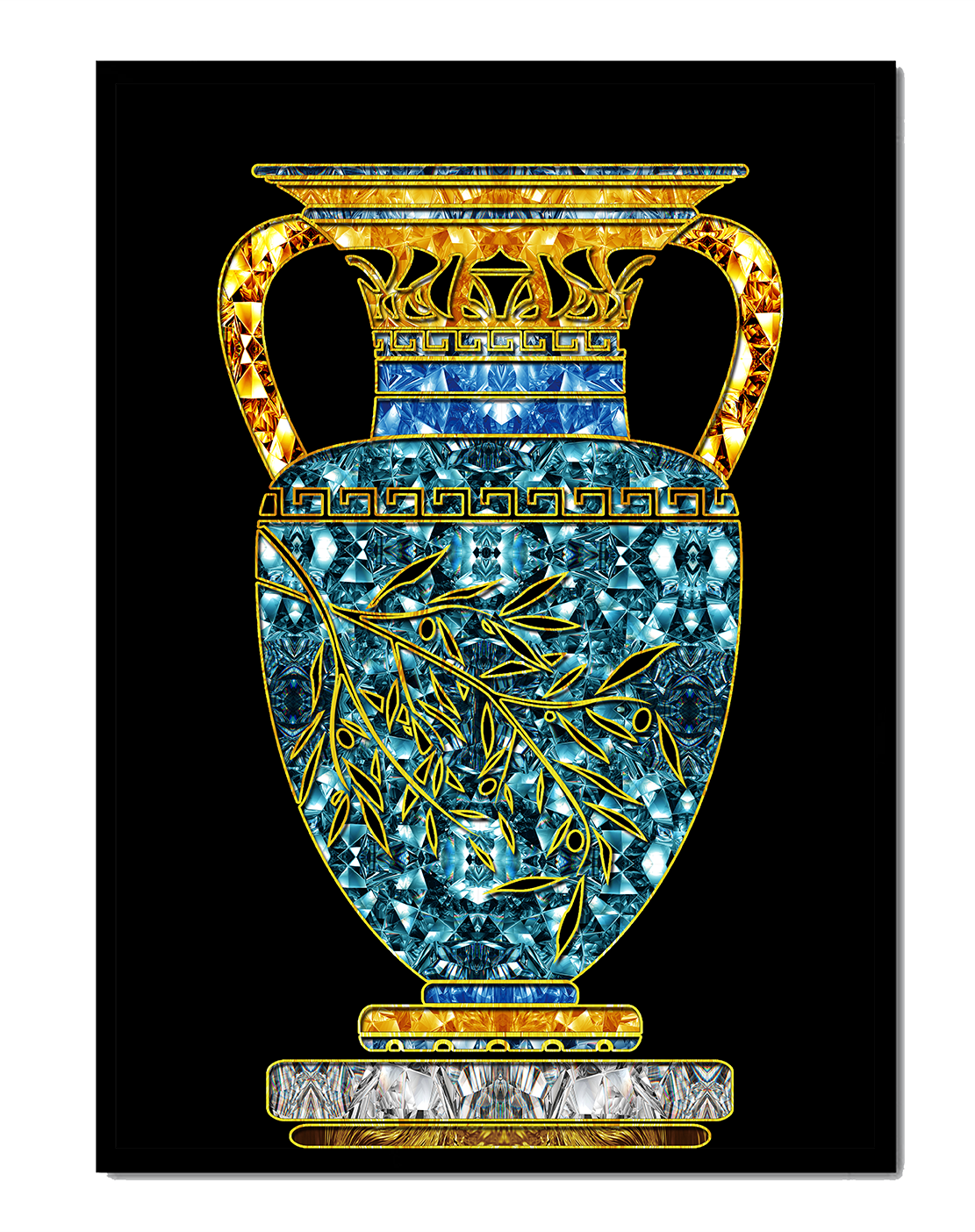 Jarrón de mosaico detallado con piedras preciosas doradas y azules sobre fondo negro