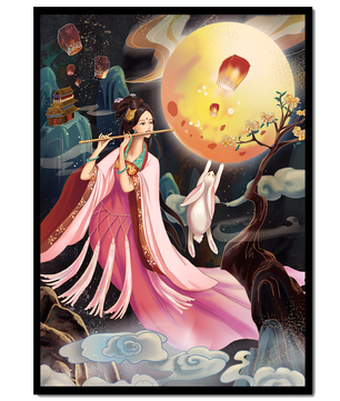 Traditional Asian Art with Flute Player and Moon Rabbit