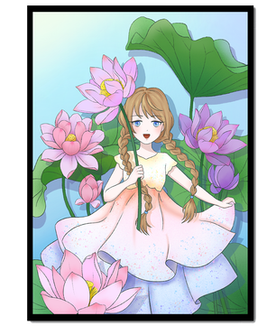 Illustration fantaisiste d'une jeune fille aux cheveux tressés parmi des fleurs de lotus