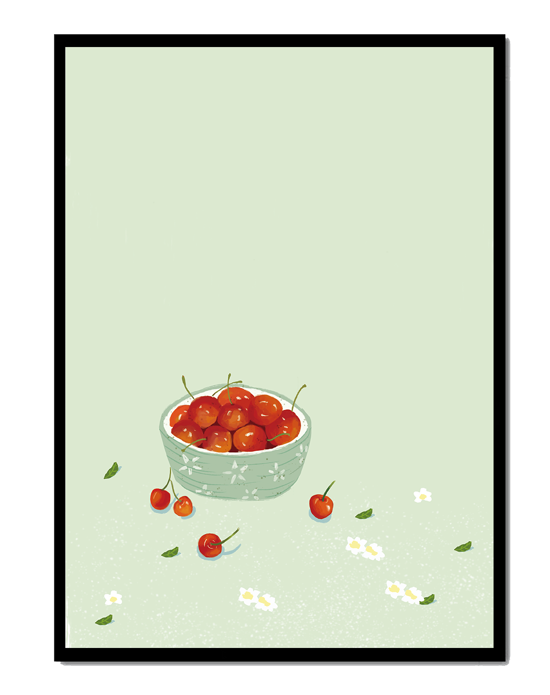 Cherries in a decorative bowl with floral accents on a soft green background