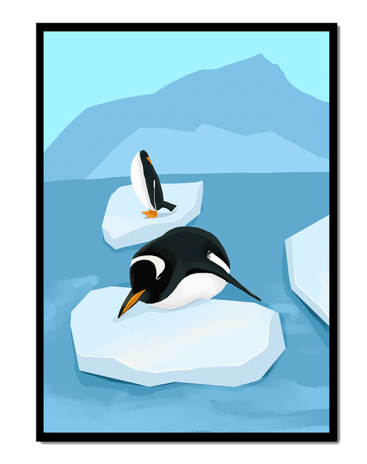 Charming penguins on floating icebergs in polar scenery