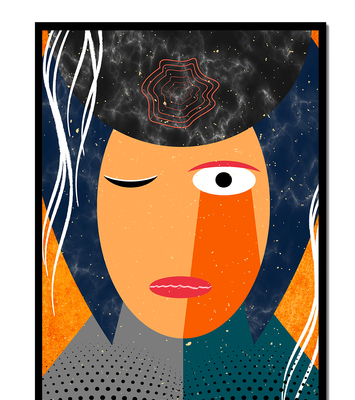 Abstract geometric portrait featuring vibrant colors and textures