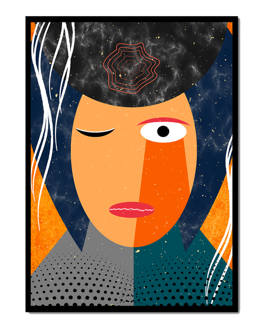 Abstract geometric portrait featuring vibrant colors and textures