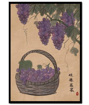 Basket Of Grapes With Vine Leaves In Traditional Style