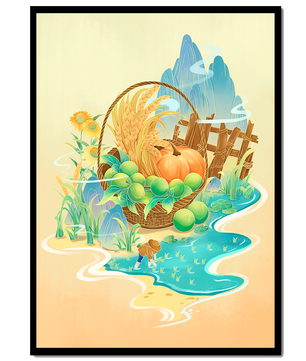 Ilustración con tema de cosecha con una cesta de productos y un fondo panorámico.